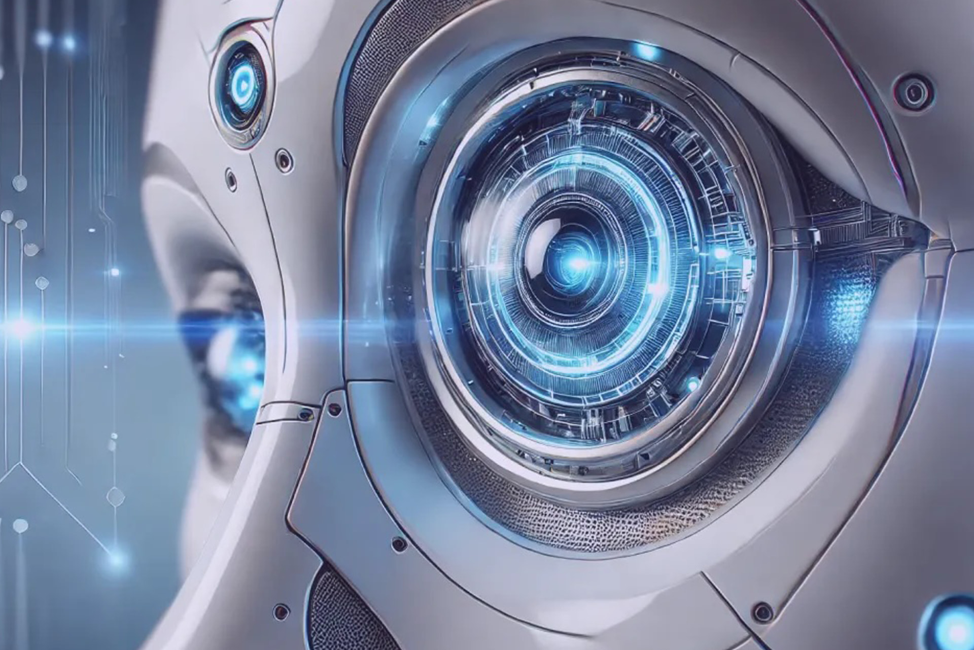Close-up of a glowing robotic eye reading an image